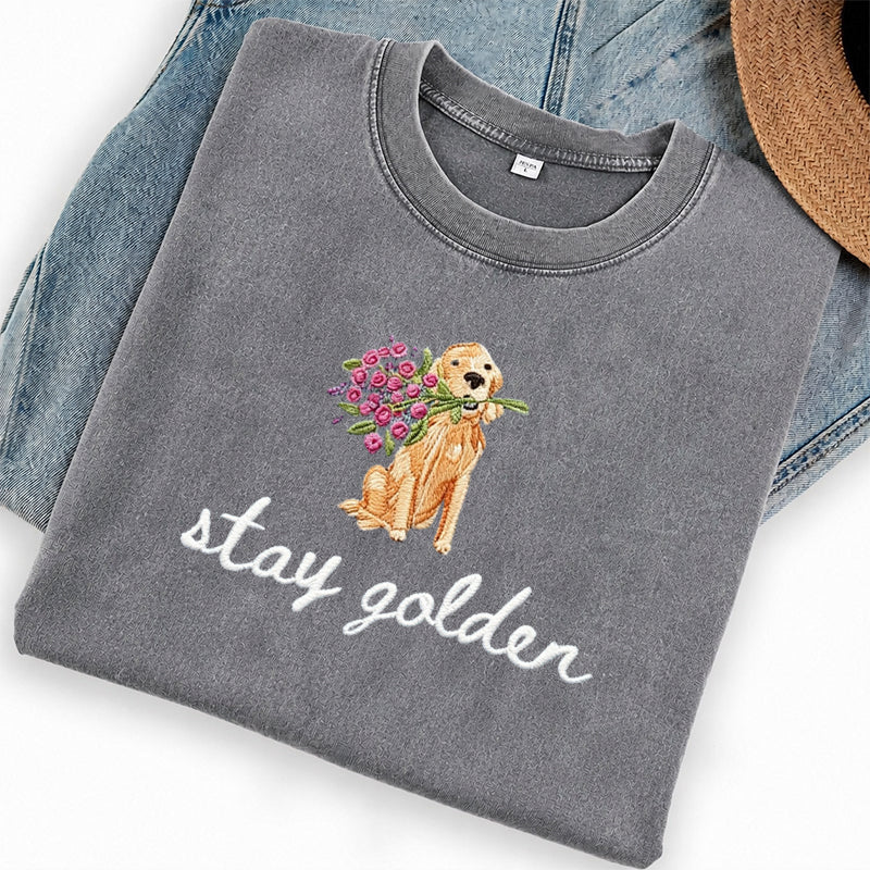 Embroidered Stay Golden Washed Crew Neck T-Shirt