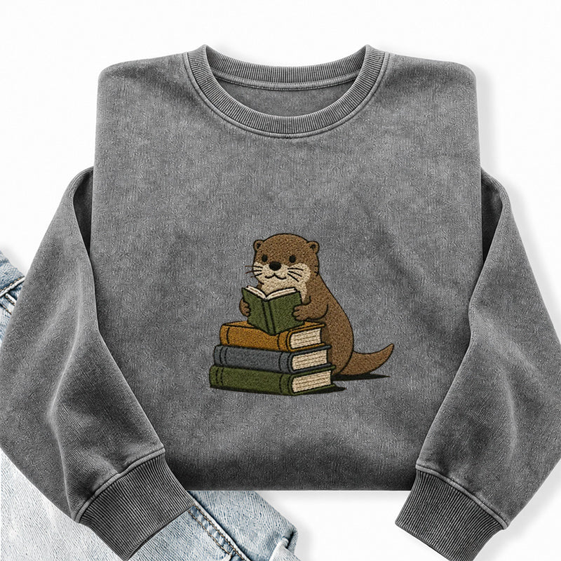 Embroidered Reading Otter Washed Crewneck Sweatshirt