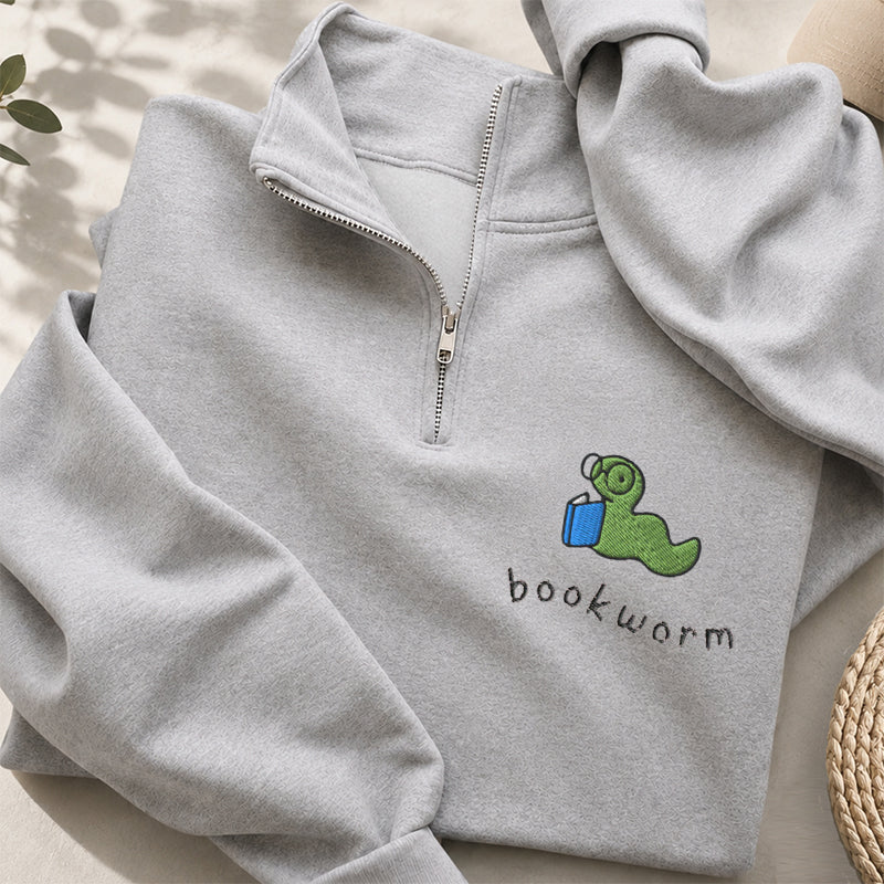 Embroidered Funny Bookworm Classic Quarter Zip Sweatshirt