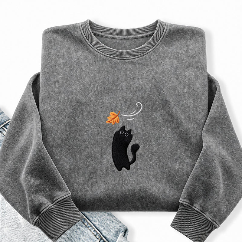 Embroidered Black Cats Fall Washed Crewneck Sweatshirt