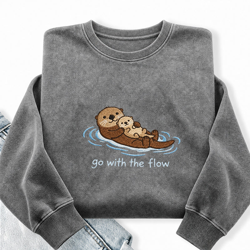Embroidered Go With The Flow Otter Washed Crewneck Sweatshirt