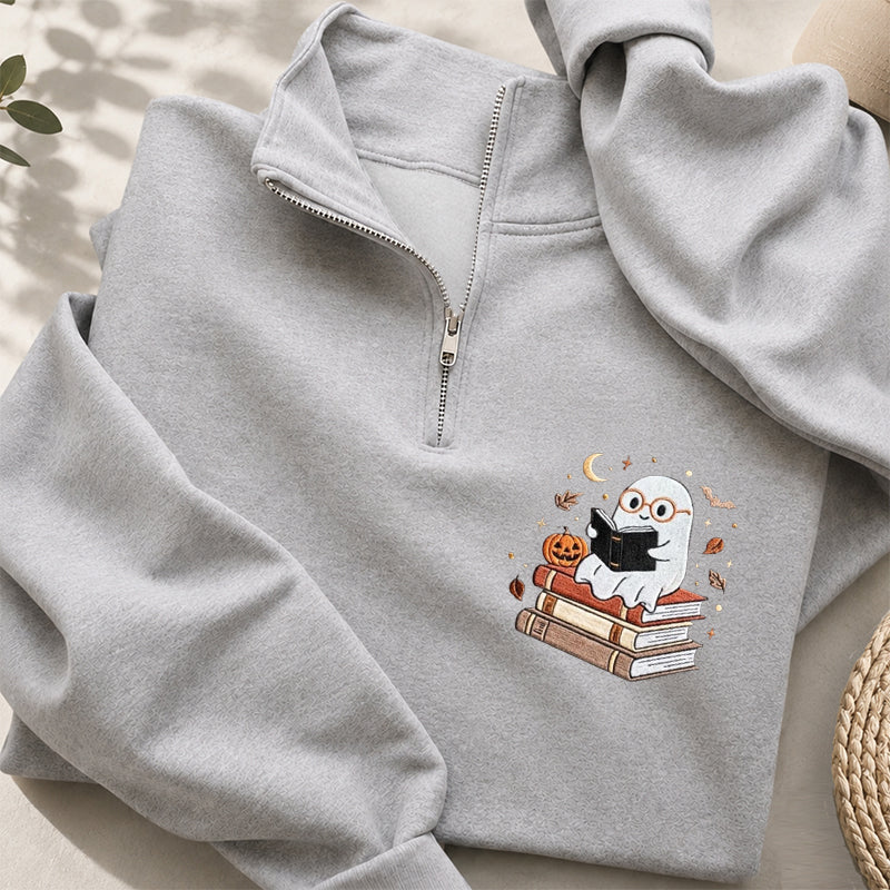 Embroidered Bookish Ghost Classic Quarter Zip Sweatshirt