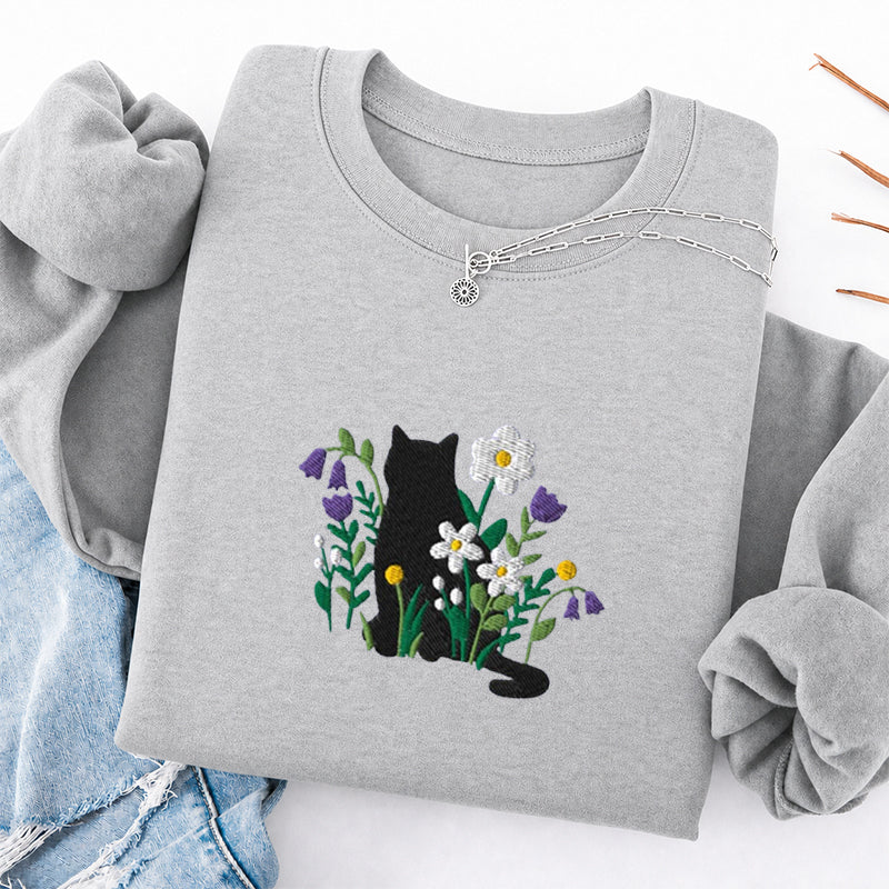 Embroidered Cottagecore Cat Classic Crewneck Sweatshirt