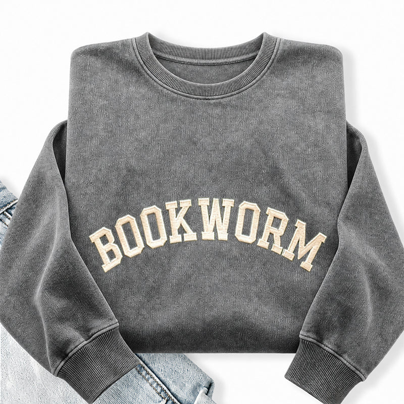 Embroidered Bookworm Washed Crewneck Sweatshirt