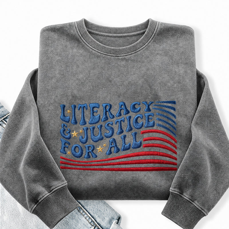 Embroidered Literacy And Justice For All Washed Crewneck Sweatshirt