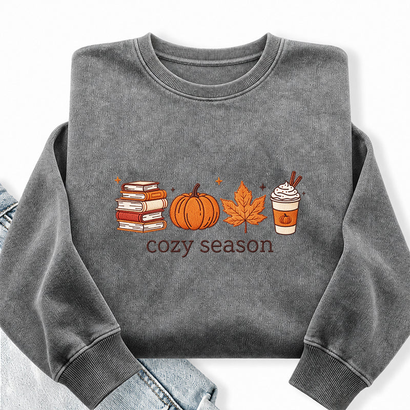 Embroidered Cozy Seasons Book Lover Washed Crewneck Sweatshirt