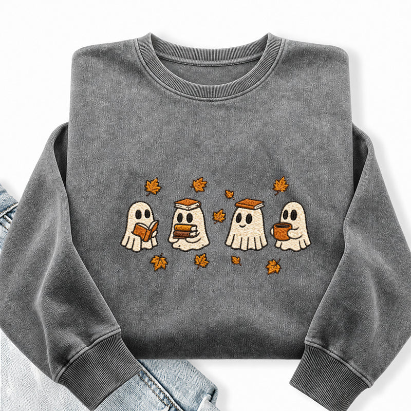 Embroidered Autumn Bookish Ghost Washed Crewneck Sweatshirt