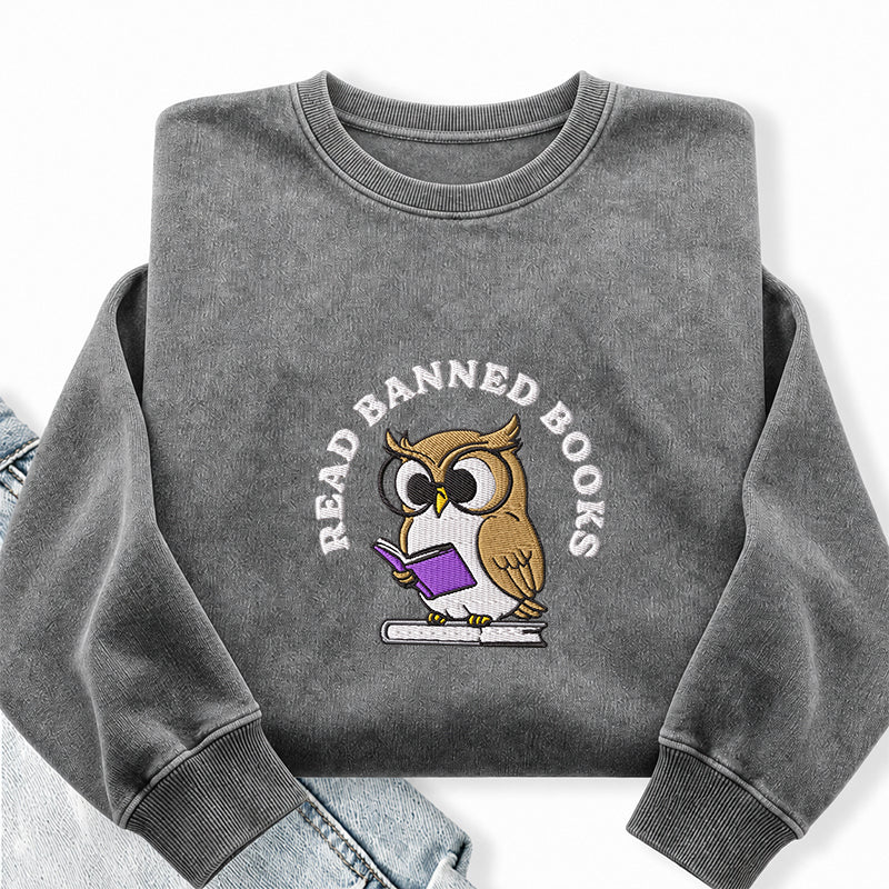 Embroidered Read Banned Books Owl Washed Crewneck Sweatshirt