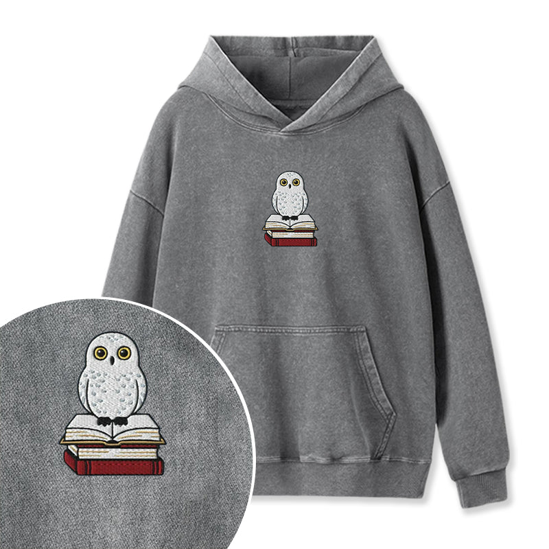 Embroidered Snow Owl On Bookstack Washed Hoodie