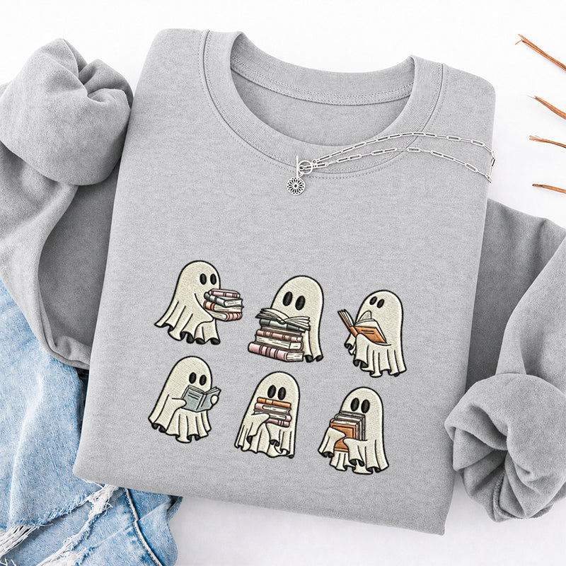 Embroidered Halloween Ghost Reading Classic Crewneck Sweatshirt