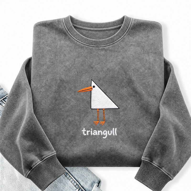 Embroidered Funny Triangull Seagull Washed Crewneck Sweatshirt