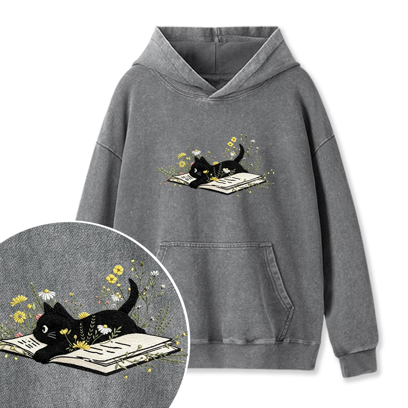 Embroidered Floral Book Cats Washed Hoodie