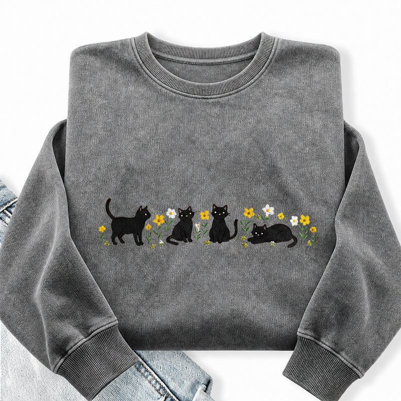 Embroidered Floral Black Cat Washed Crewneck Sweatshirt