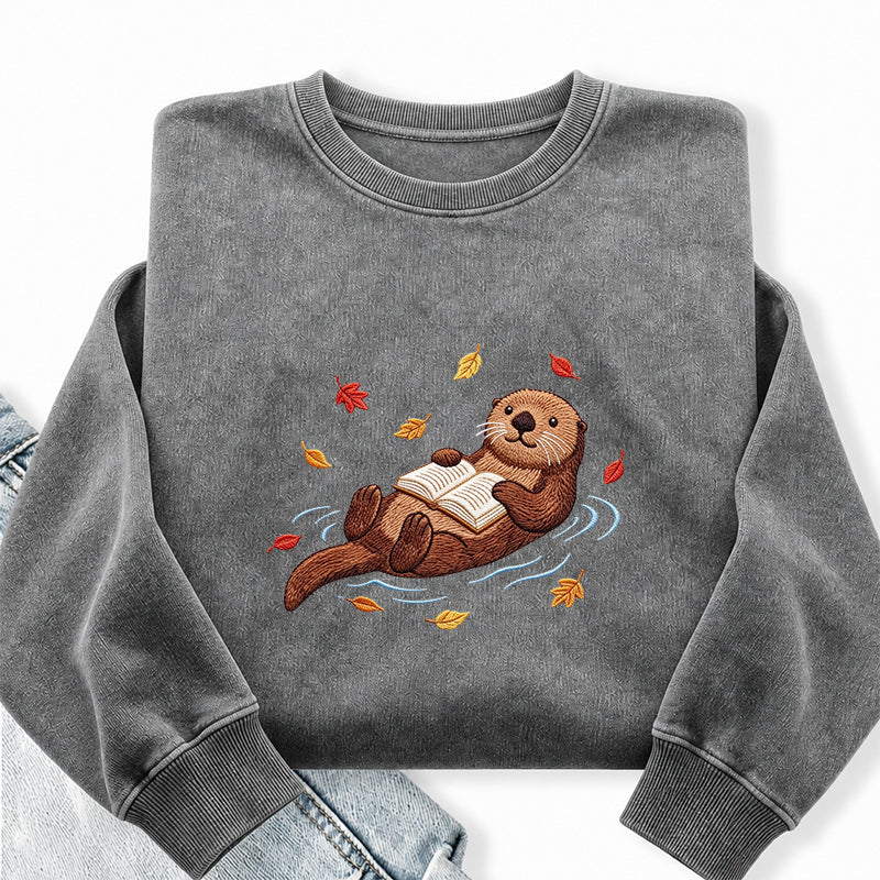 Embroidered Otter Reading Book Washed Crewneck Sweatshirt