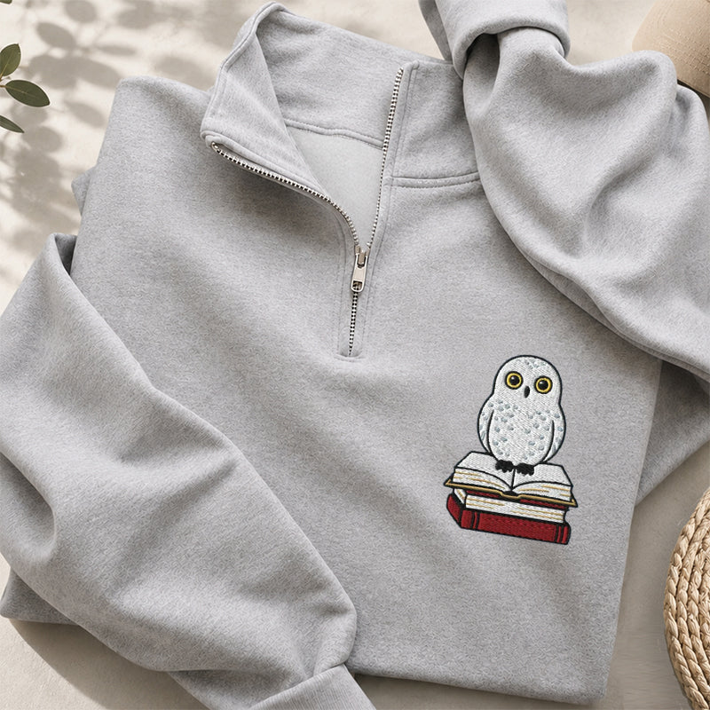 Embroidered Snow Owl On Bookstack Classic Quarter Zip Sweatshirt