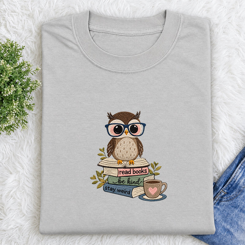 Embroidered Read Books Be Kind Owl Classic Crew Neck T-Shirt