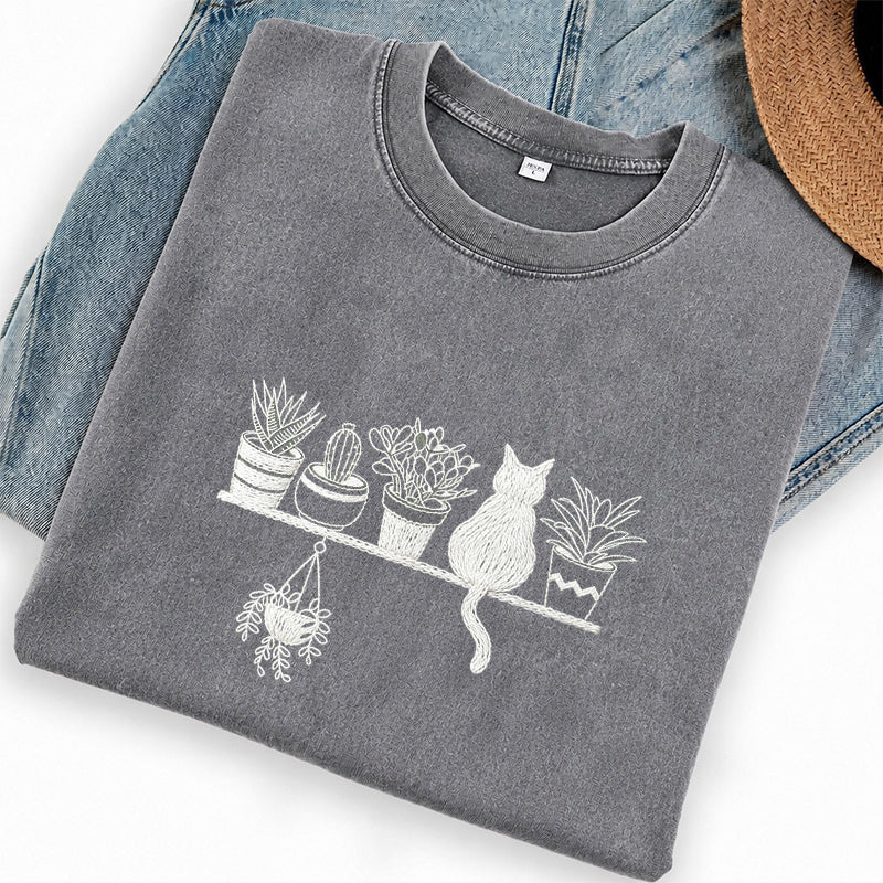 Embroidered Cats And Plants Washed Crew Neck T-Shirt