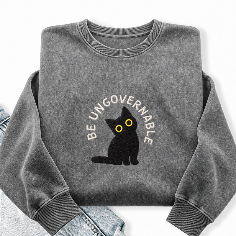 Embroidered Be Ungovernable Black Cat Washed Crewneck Sweatshirt