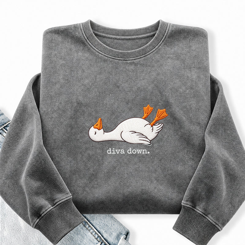 Embroidered Diva Down Goose Washed Crewneck Sweatshirt