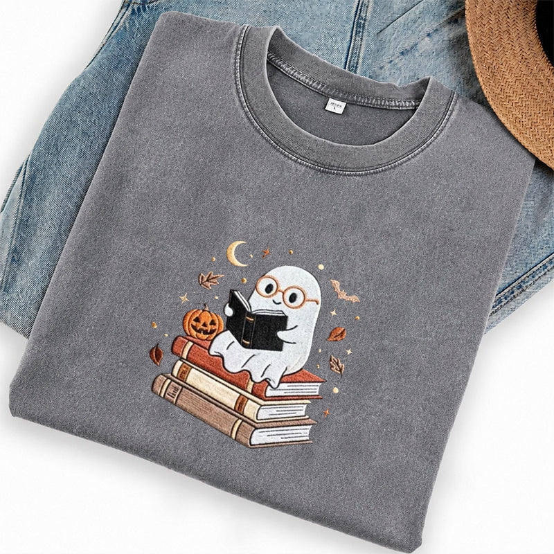 Embroidered Ghost Reading Books Washed Crew Neck T-Shirt