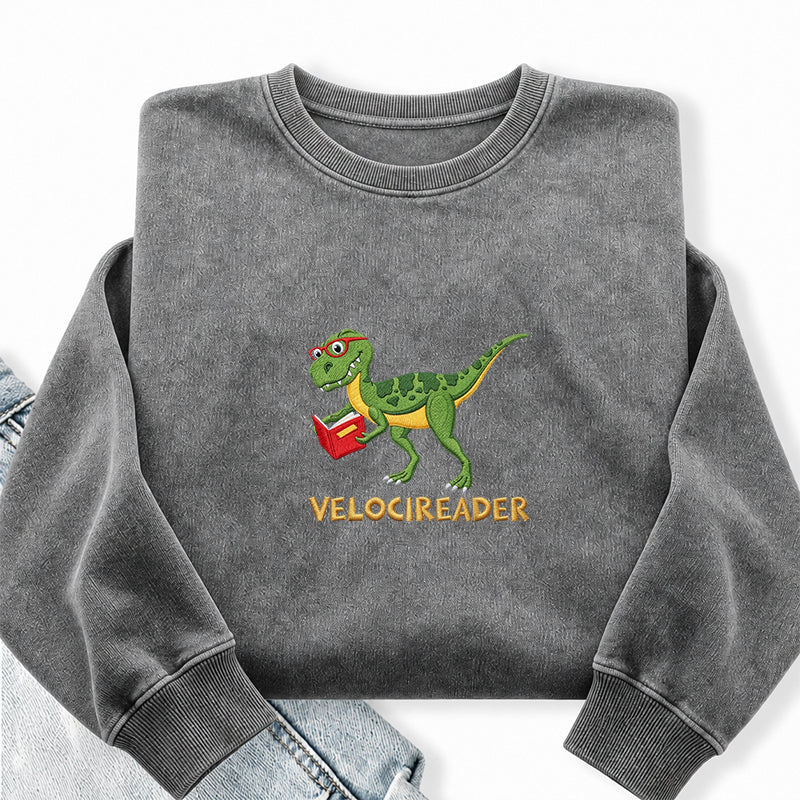 Embroidered Velocireader Dinosaur Reading Washed Crewneck Sweatshirt