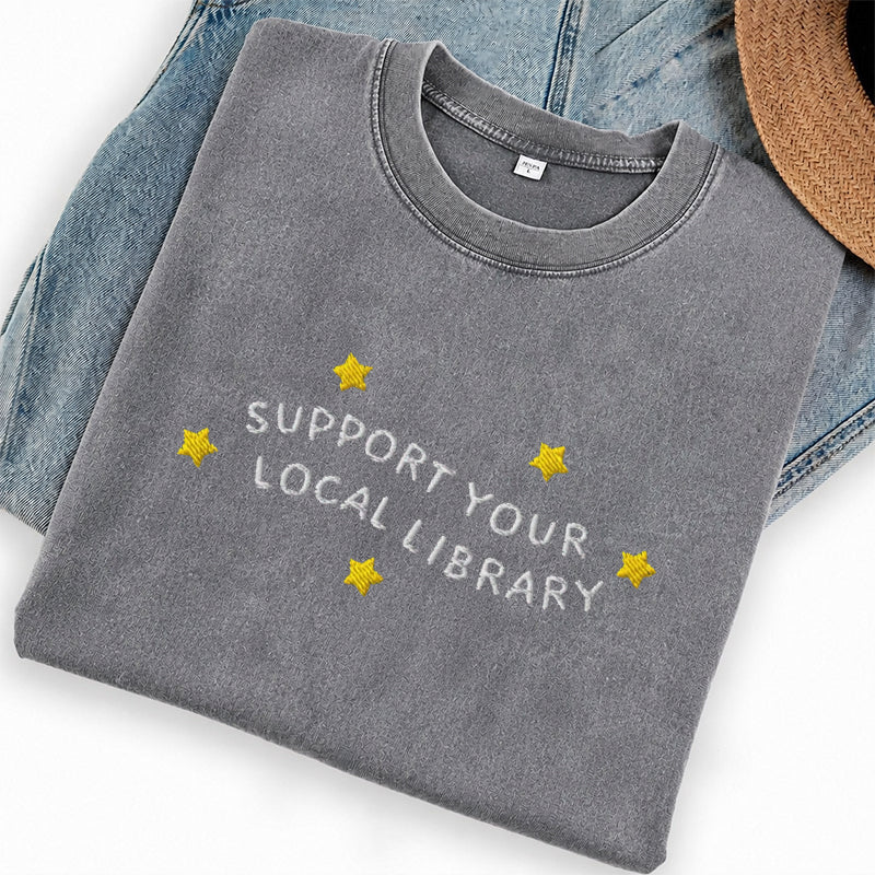 Embroidered Support Your Local Library Washed Crew Neck T-Shirt