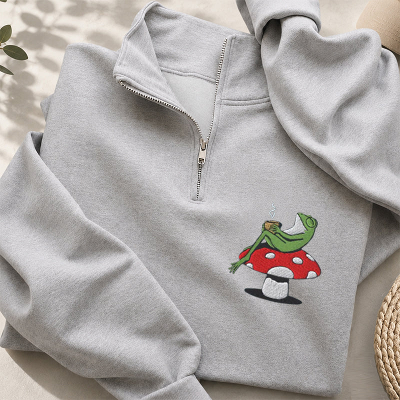 Embroidered Frog Coffee Time Classic Quarter Zip Sweatshirt