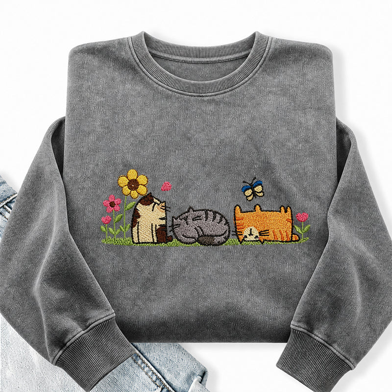 Embroidered Floral Cute Cat Washed Crewneck Sweatshirt
