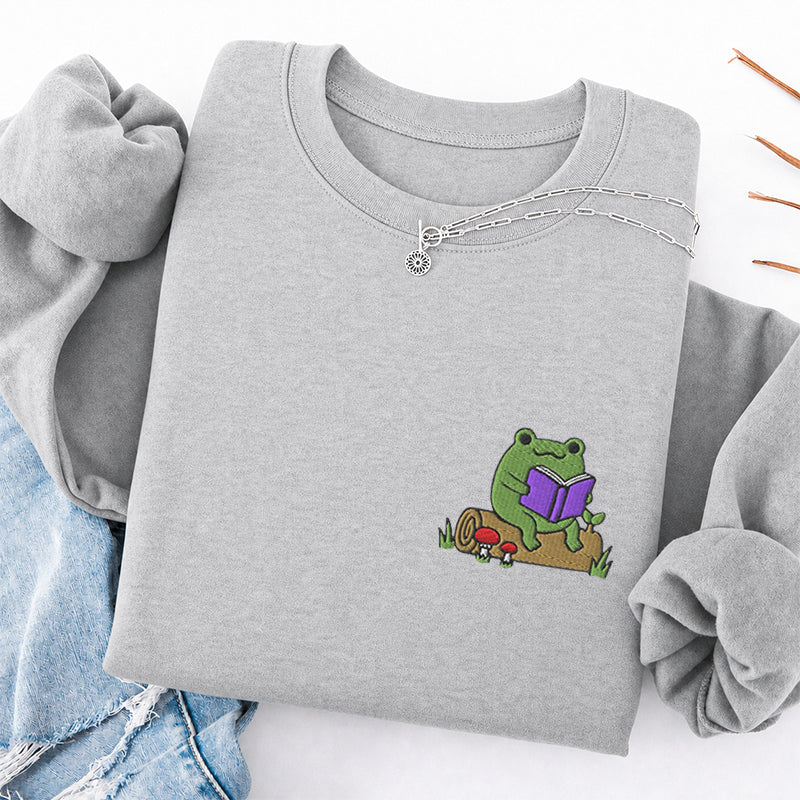 Embroidered Cute Reading Frog Classic Crewneck Sweatshirt