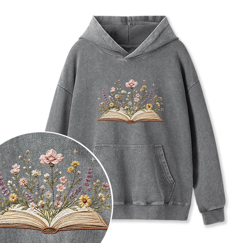 Embroidered Floral Book Washed Hoodie