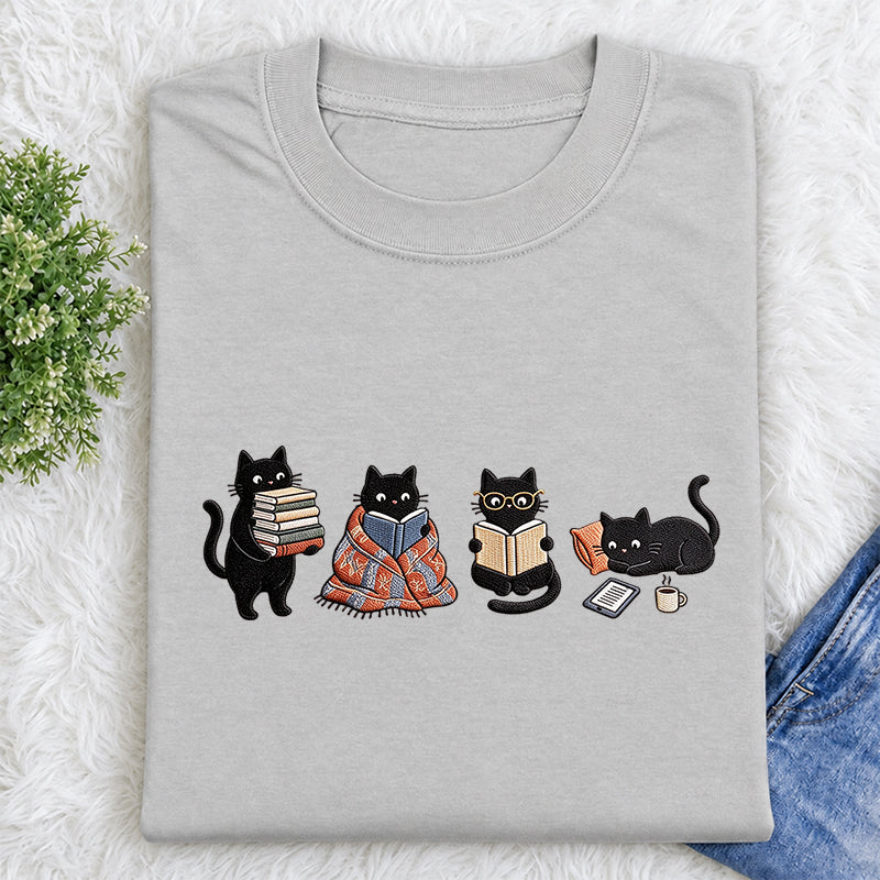 Embroidered Bookish Black Cats Classic Crew Neck T-Shirt