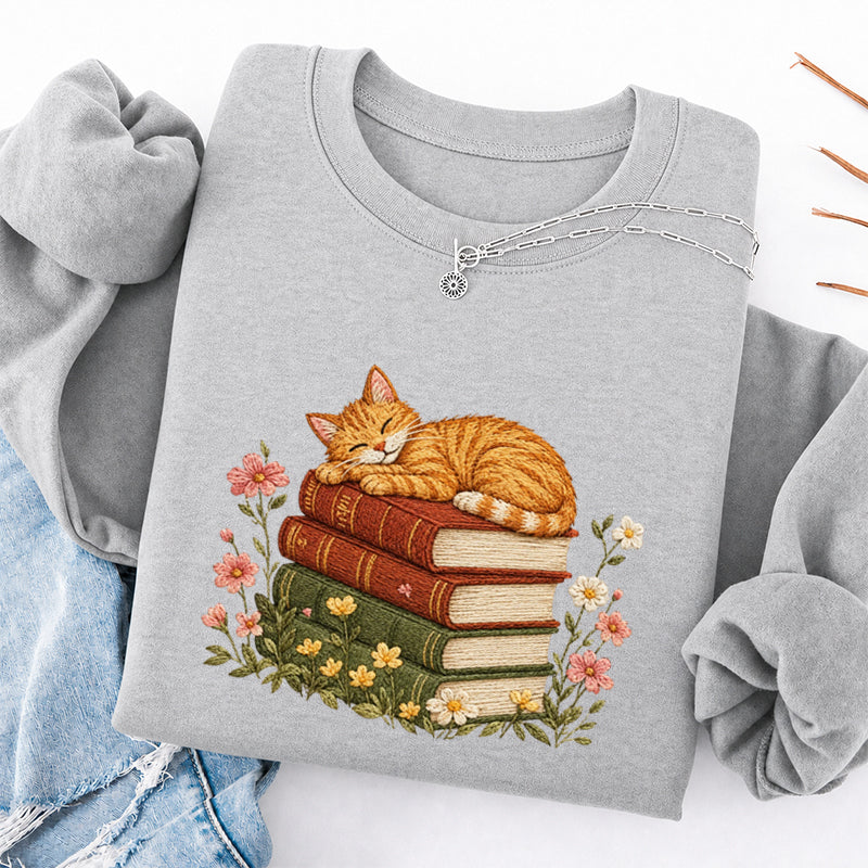 Embroidered Cat Sleeping On Books Classic Crewneck Sweatshirt