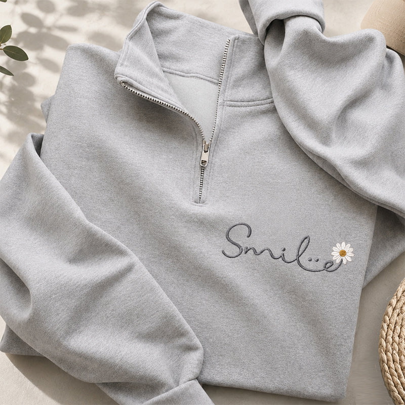 Embroidered Smile Daisy Classic Quarter Zip Sweatshirt