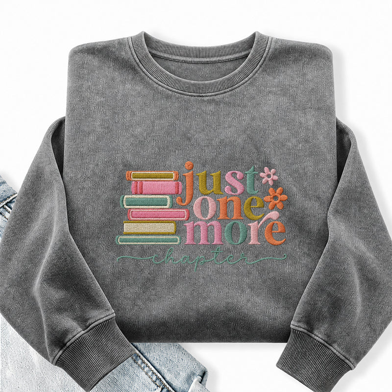 Embroidered Coloful Just One More Chapter Washed Crewneck Sweatshirt