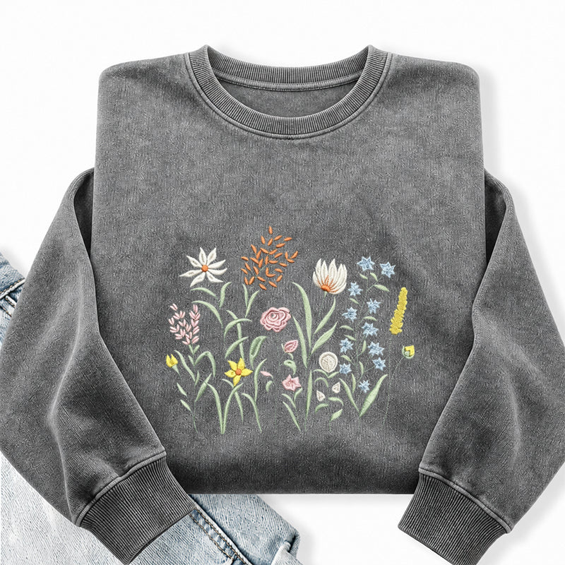 Embroidered Cute Wildflowers Washed Crewneck Sweatshirt