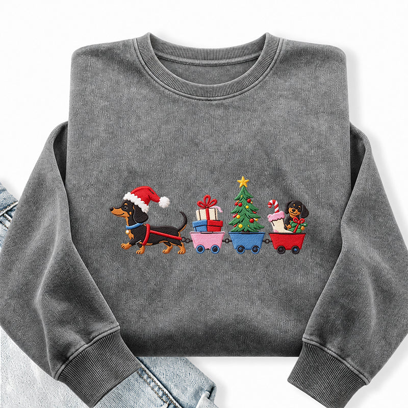 Embroidered Christmas Dachshund Washed Crewneck Sweatshirt