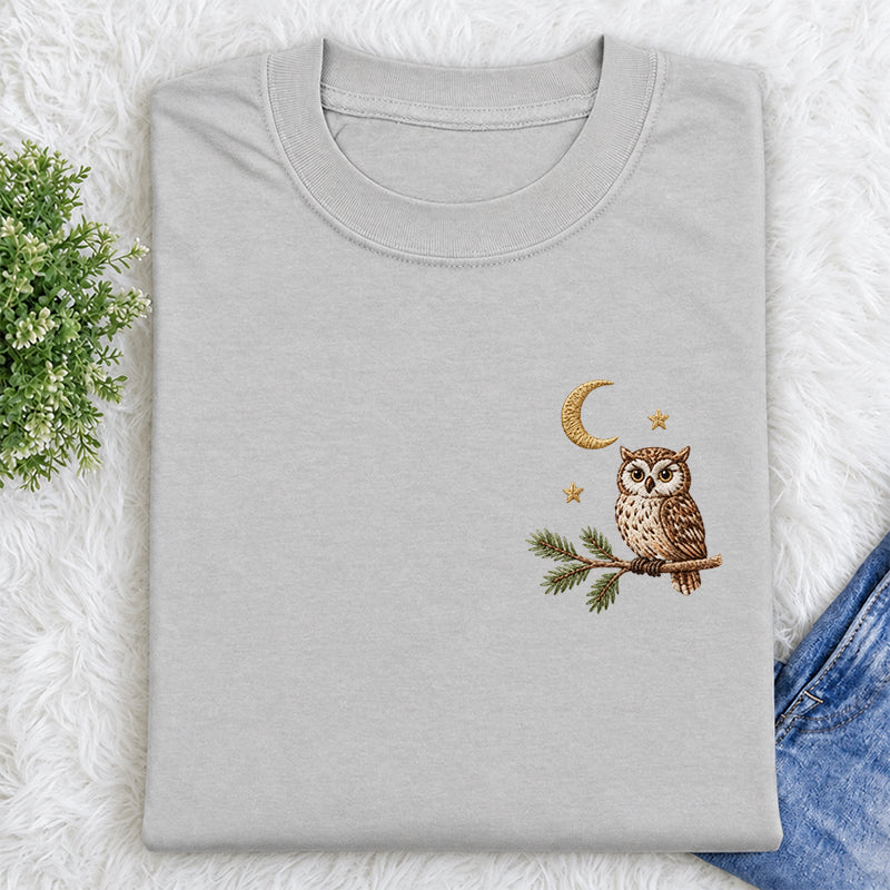 Embroidered Night Owl Classic Crew Neck T-Shirt