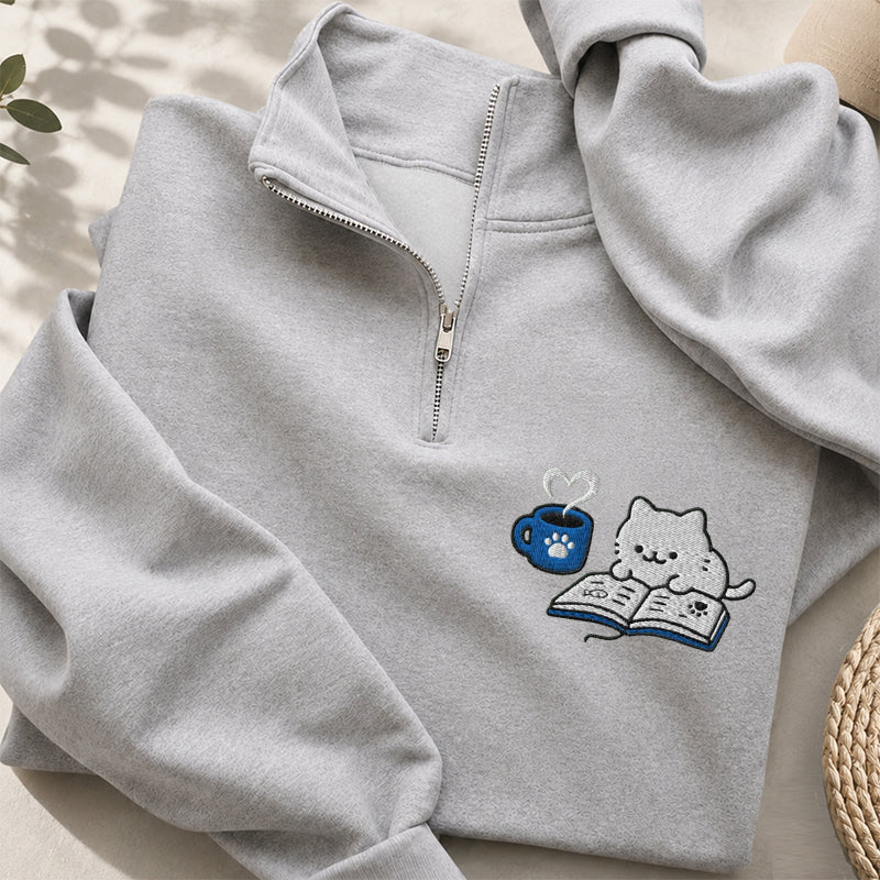 Embroidered Reading Kitten Classic Quarter Zip Sweatshirt