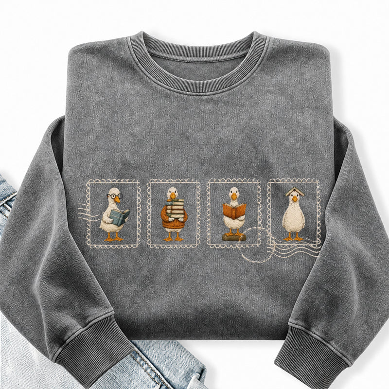 Embroidered Silly Goose Reading Washed Crewneck Sweatshirt