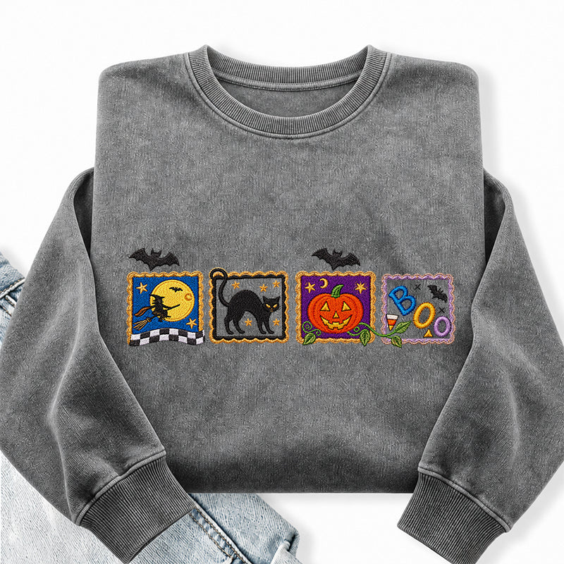 Embroidered Retro Halloween Washed Crewneck Sweatshirt