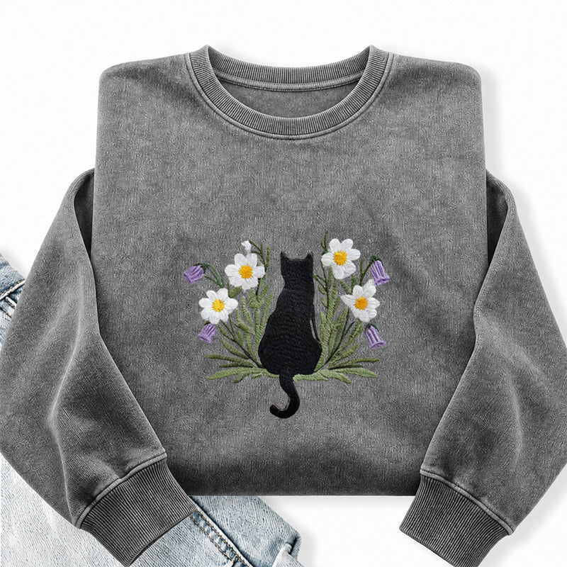 Embroidered Black Cat Flower Washed Crewneck Sweatshirt
