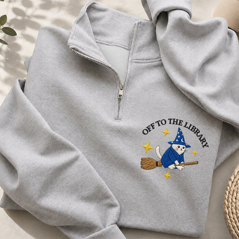 Embroidered Cat Off To The Library Classic Quarter Zip Sweatshirt