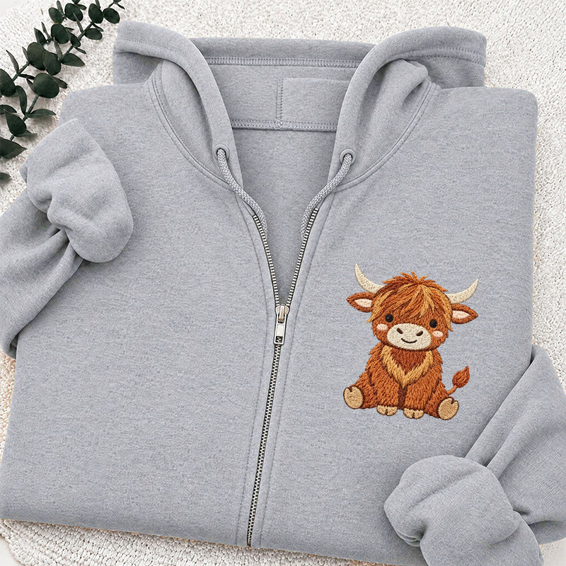 Embroidered Highland Cow Classic Full Zip Hoodie