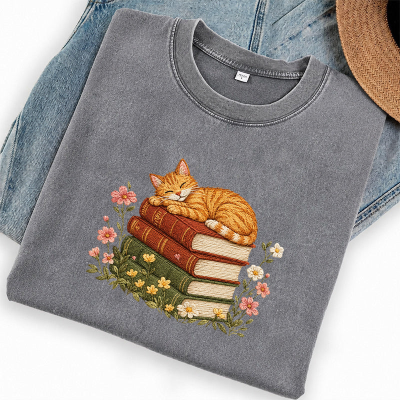 Embroidered Sleeping Cat On Books Washed Crew Neck T-Shirt