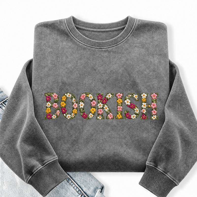 Embroidered Floral Bookish Washed Crewneck Sweatshirt
