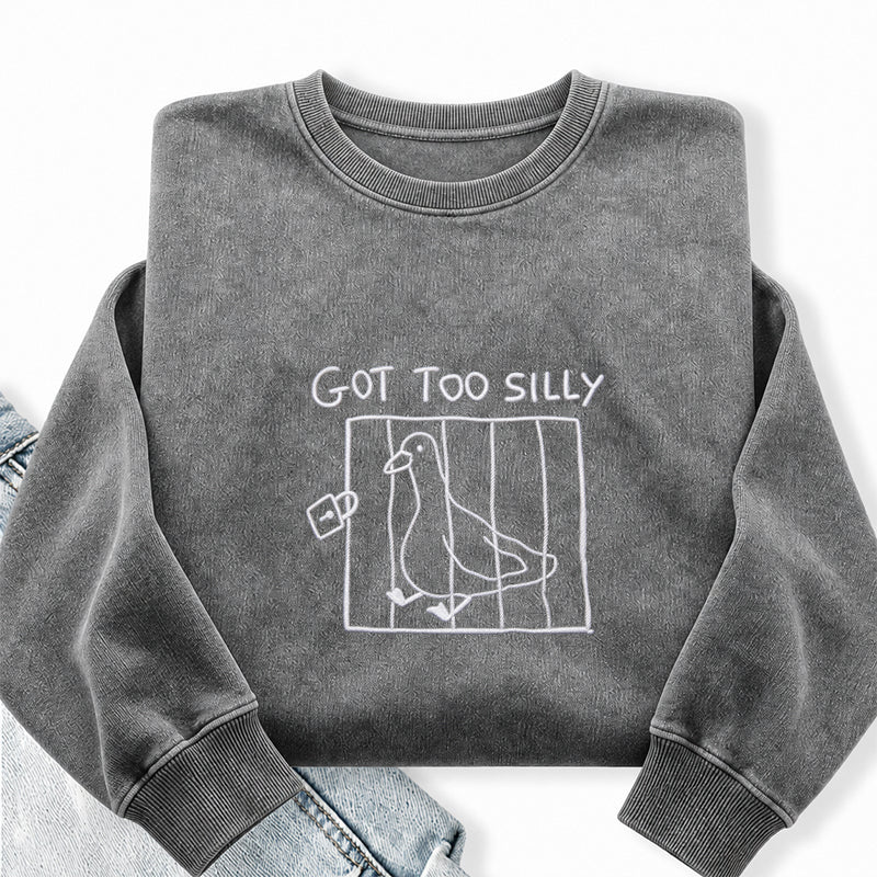 Embroidered Goose Got Too Silly Washed Crewneck Sweatshirt