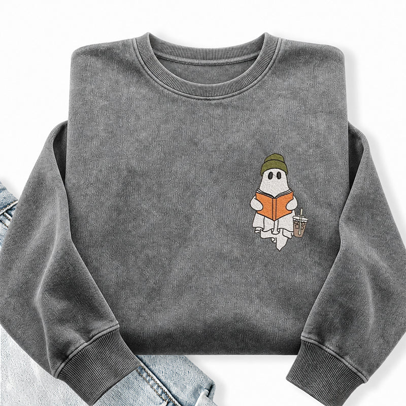 Embroidered Cute Ghost Reading Washed Crewneck Sweatshirt