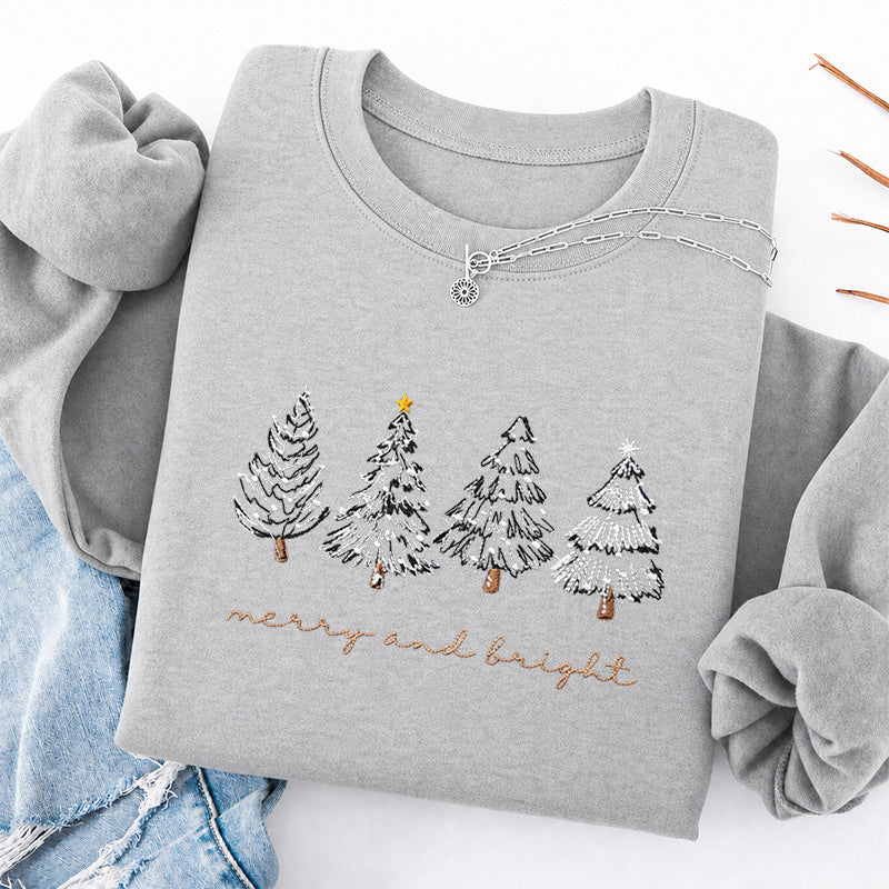 Embroidered Merry & Bright Christmas Tree Classic Crewneck Sweatshirt
