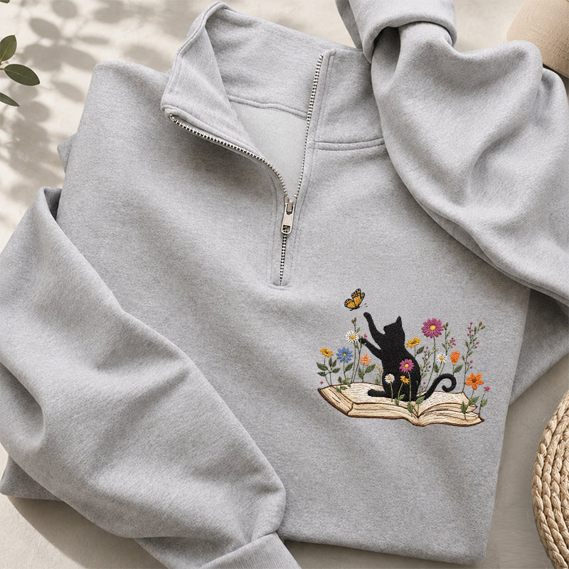 Embroidered Floral Book Cat Classic Quarter Zip Sweatshirt