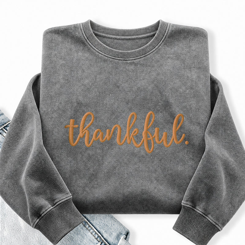 Embroidered Thankful Thanksgiving Washed Crewneck Sweatshirt